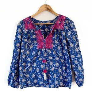 J Crew Cotton Blouse Blue & White with Pink Embroidery Size XS